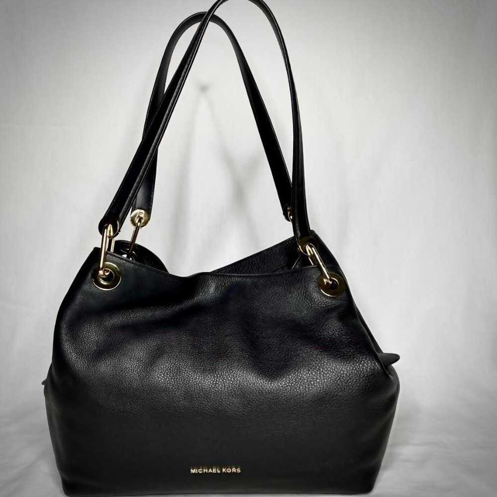 Michael Kors Raven Large Shoulder Tote Black Leather w/ Gold Hardware - Picture 1 of 12
